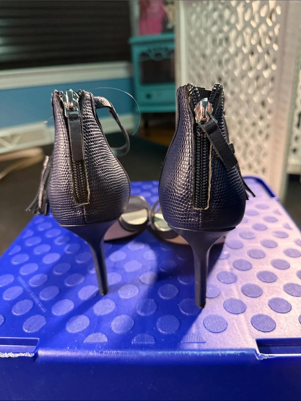 White House Black Market Navy Ankle-Tie Tassel High Heels